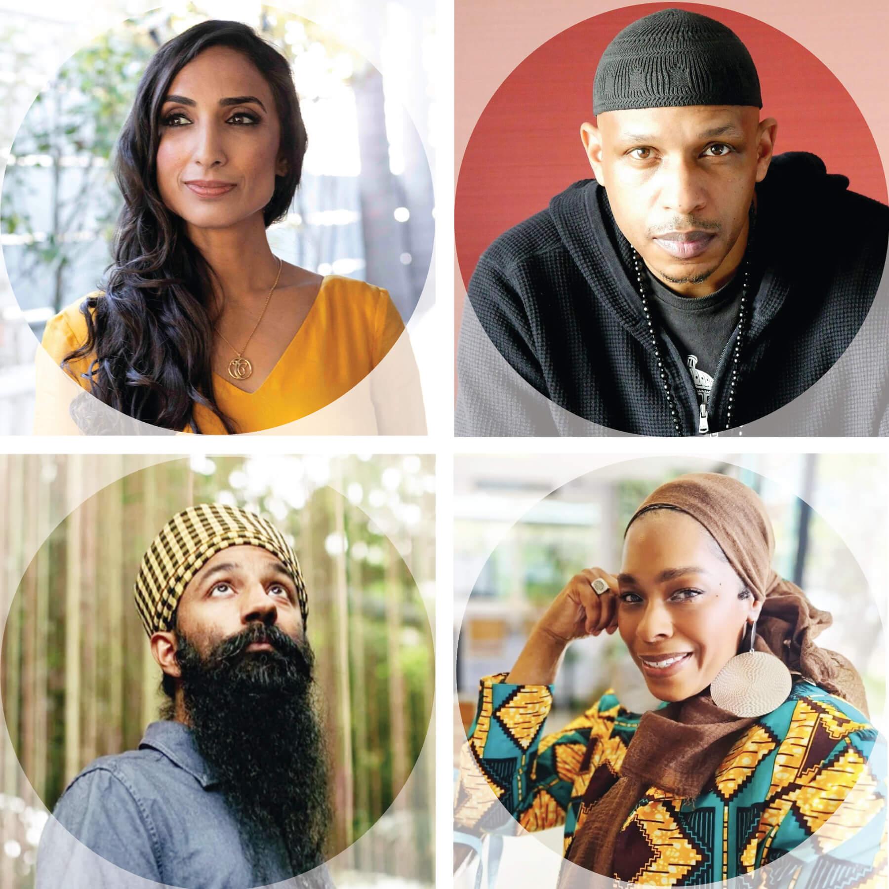 Portraits of Valarie Kaur, Dr. Khalid el-Hakim, Sonny Singh, and Tasleem Jamila Firdausee