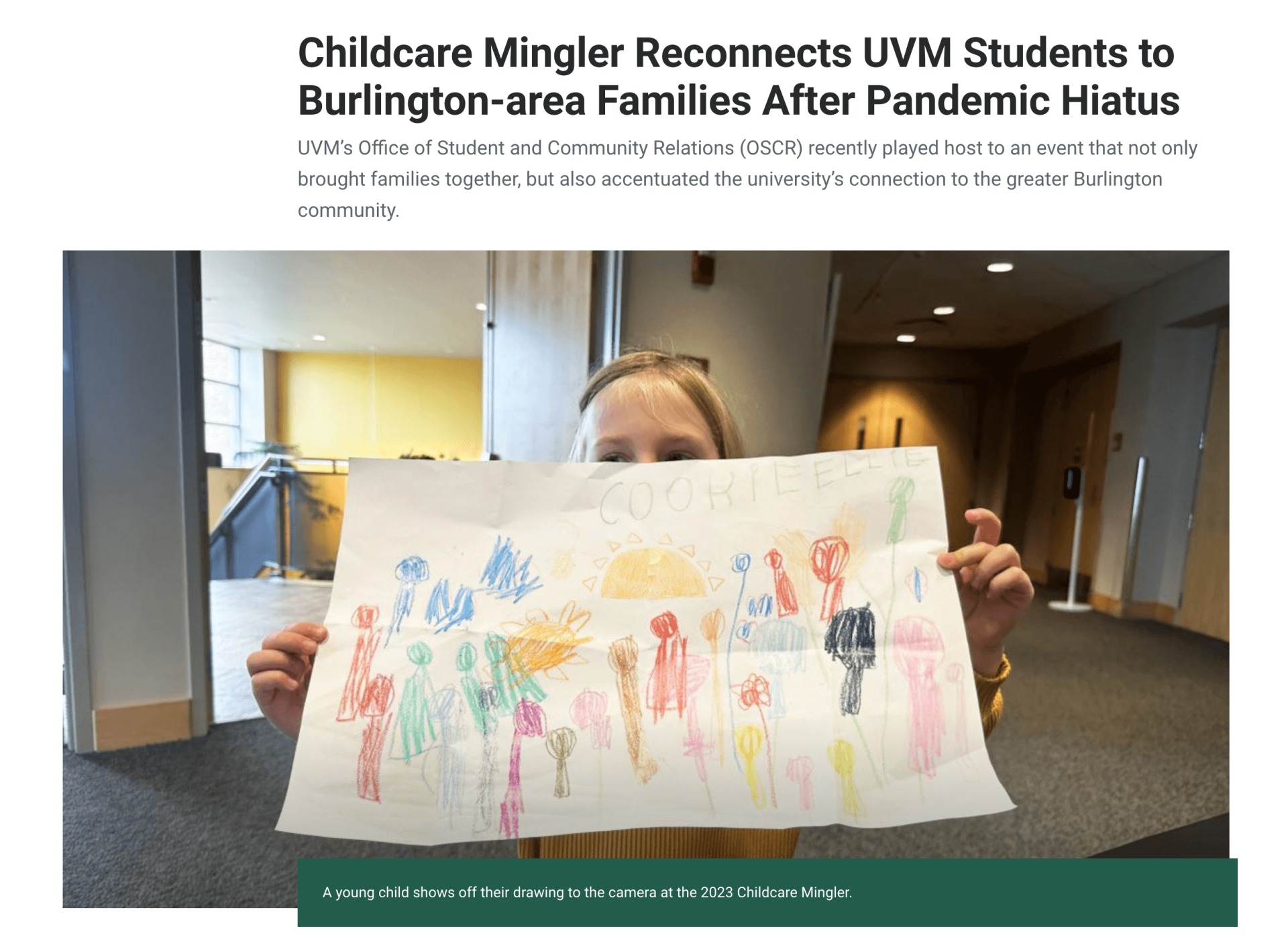 Screenshot of a UVM News article about the Childcare Mingler.