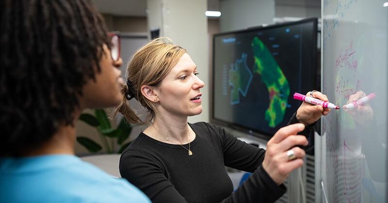 A student and professor collaborate in the complex systems center