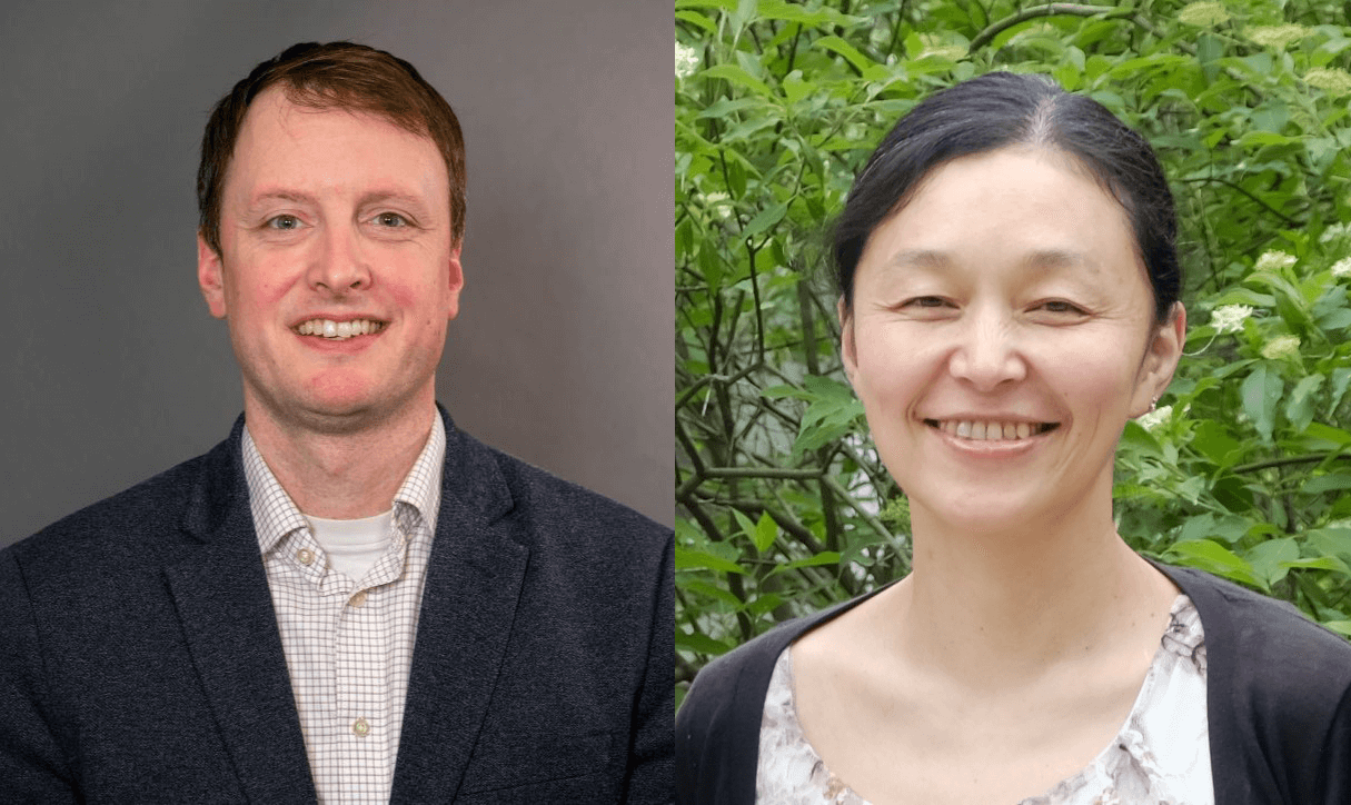 Two headshots of researchers side by side, one with a simple gray background and the other featuring green leaves behind them.