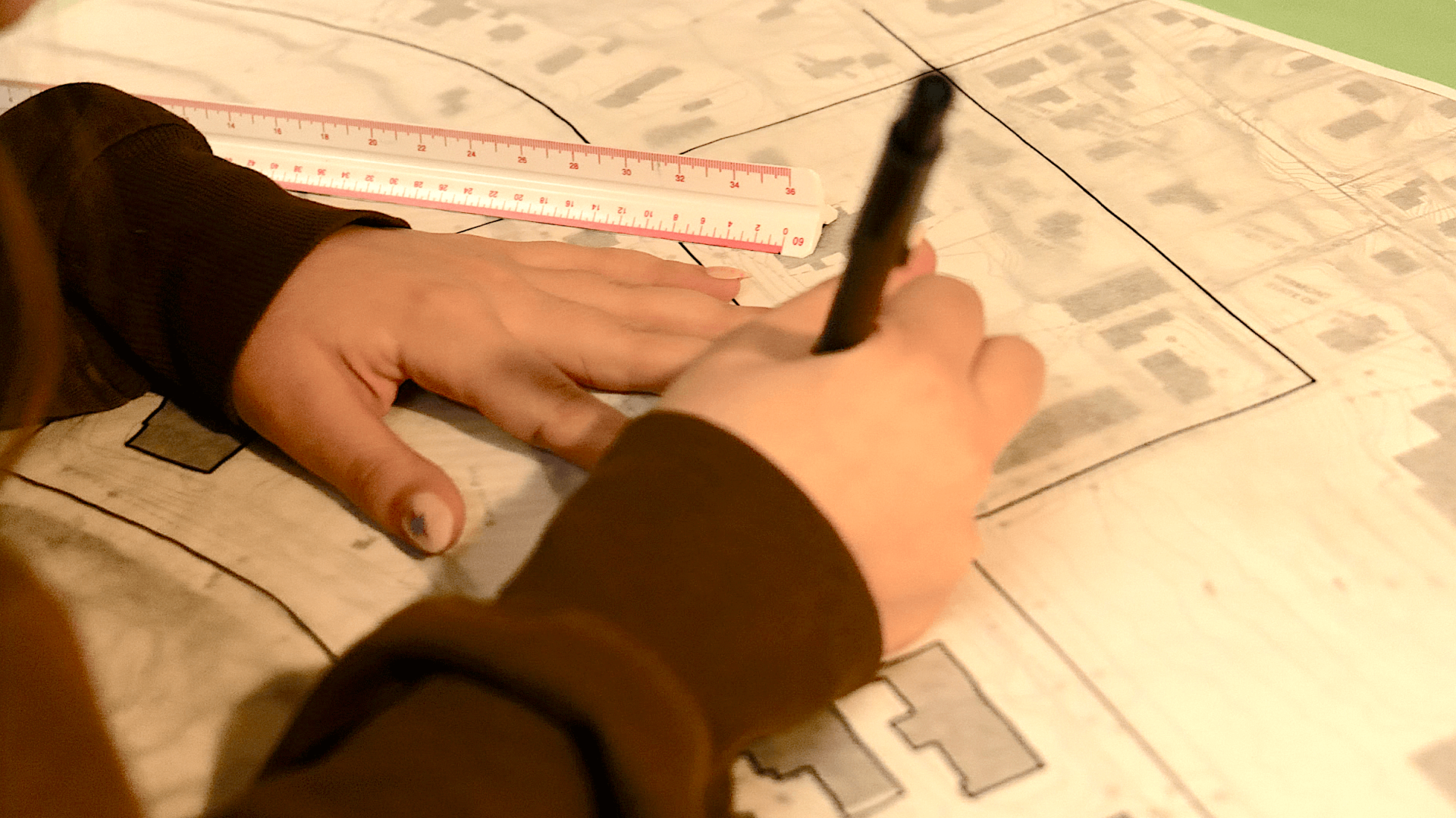 Hands drawing on a landscape site plan