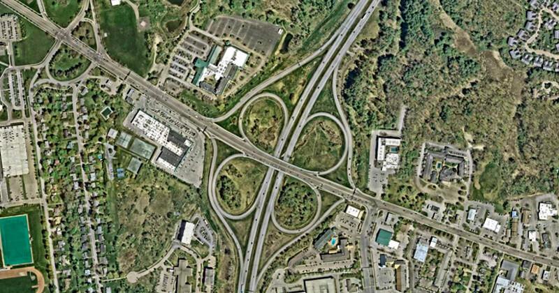 Aerial view of an I-89 cloverleaf