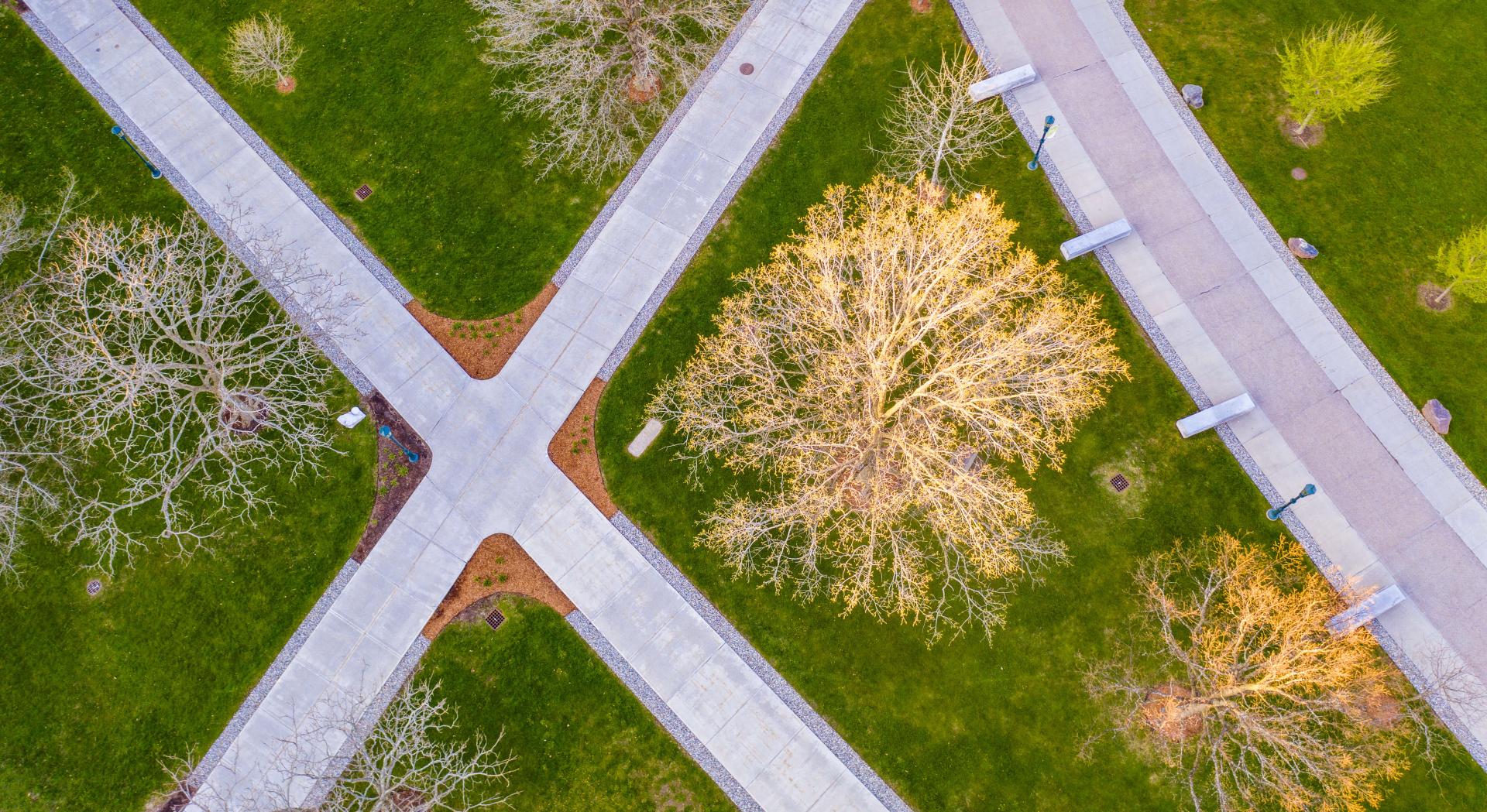 aerial view of UVM Green crossroads