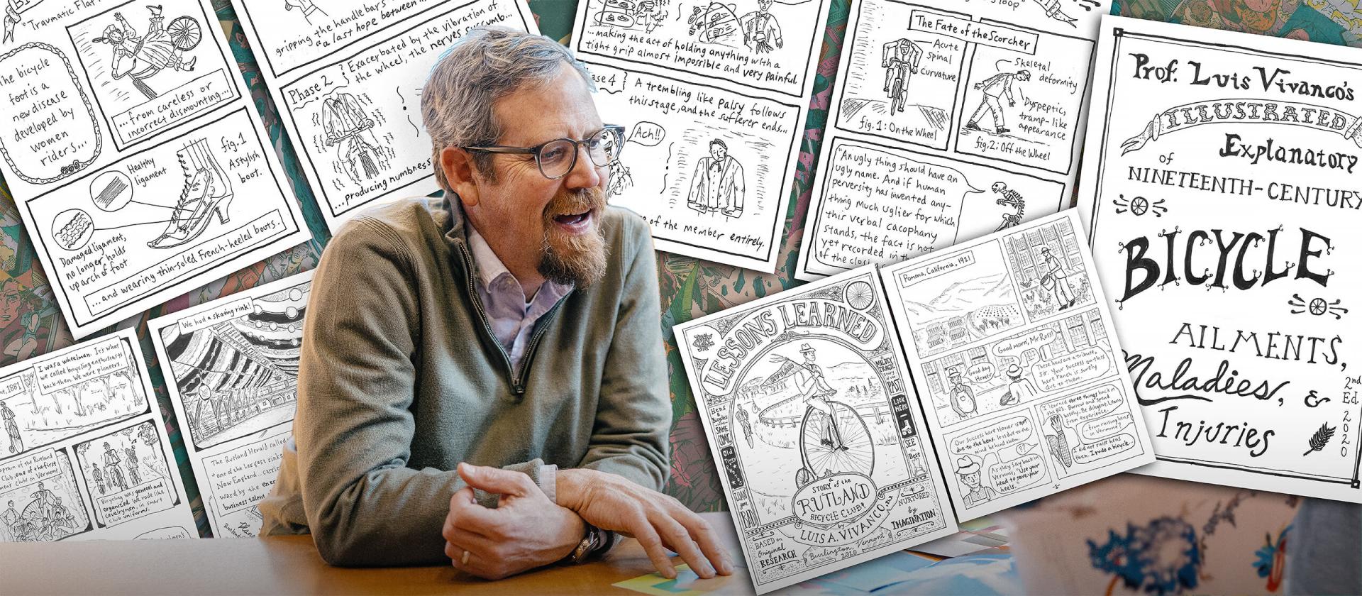 A collage of hand-drawn comics behind Professor Luis Vivanco