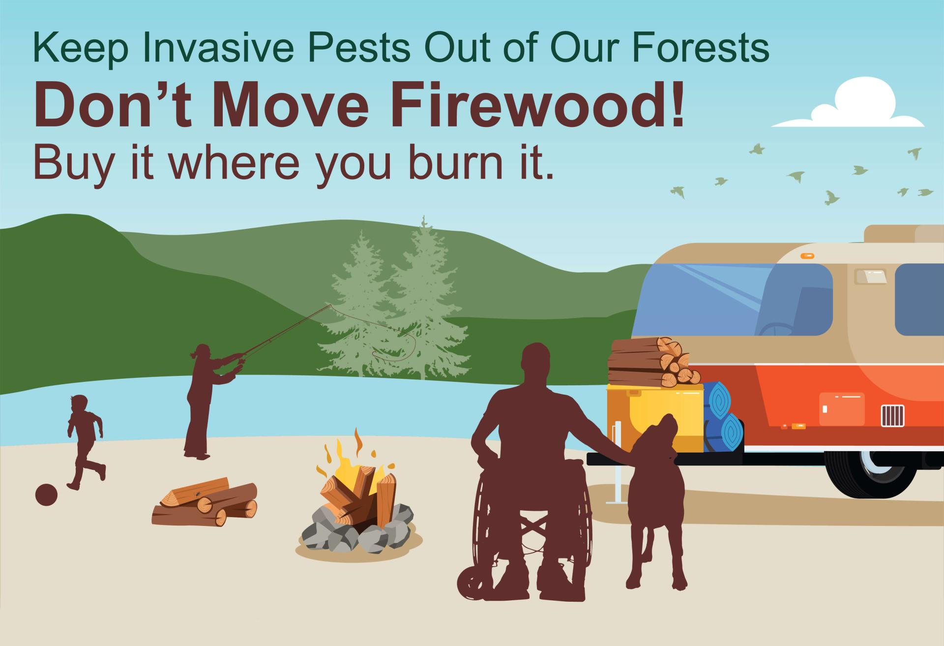 artwork of several people and a dog enjoying the outdoors, with some firewood in use