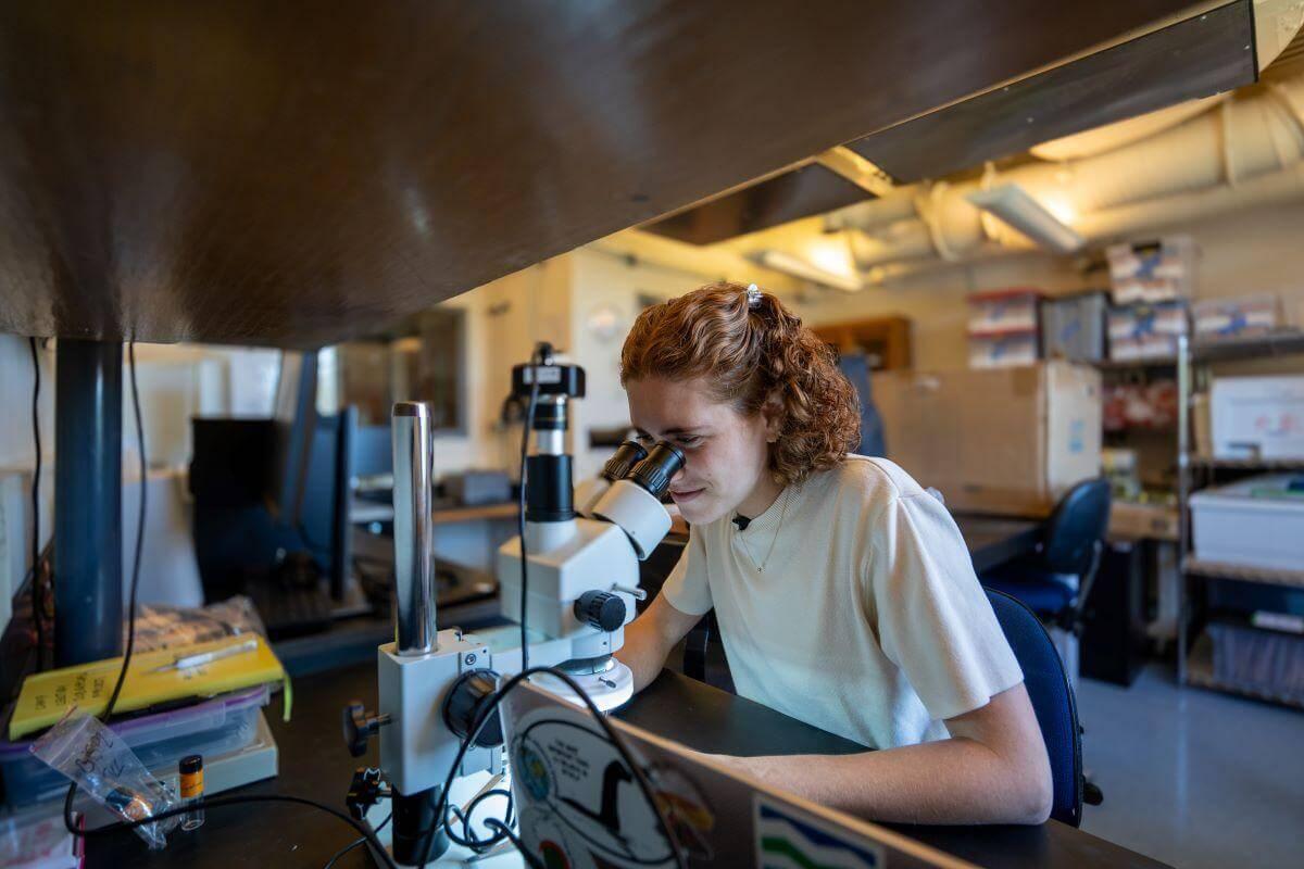Halley Mastro working in a lab using a microsope