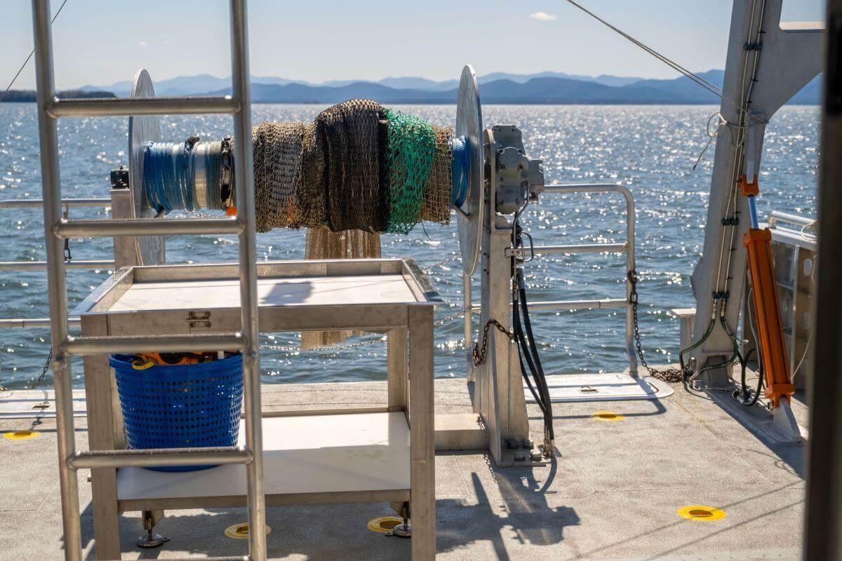 The trawling net on the back of the research vessel