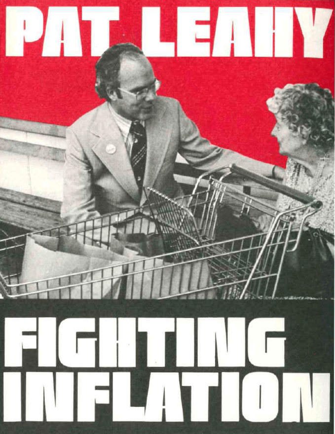 "Pat Leahy Fighting Inflation" over a photo of Leahy talking to a woman