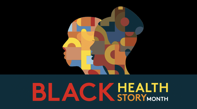 logo for Black HEALTHstory Month showing colorful graphic of Black heads on a black background