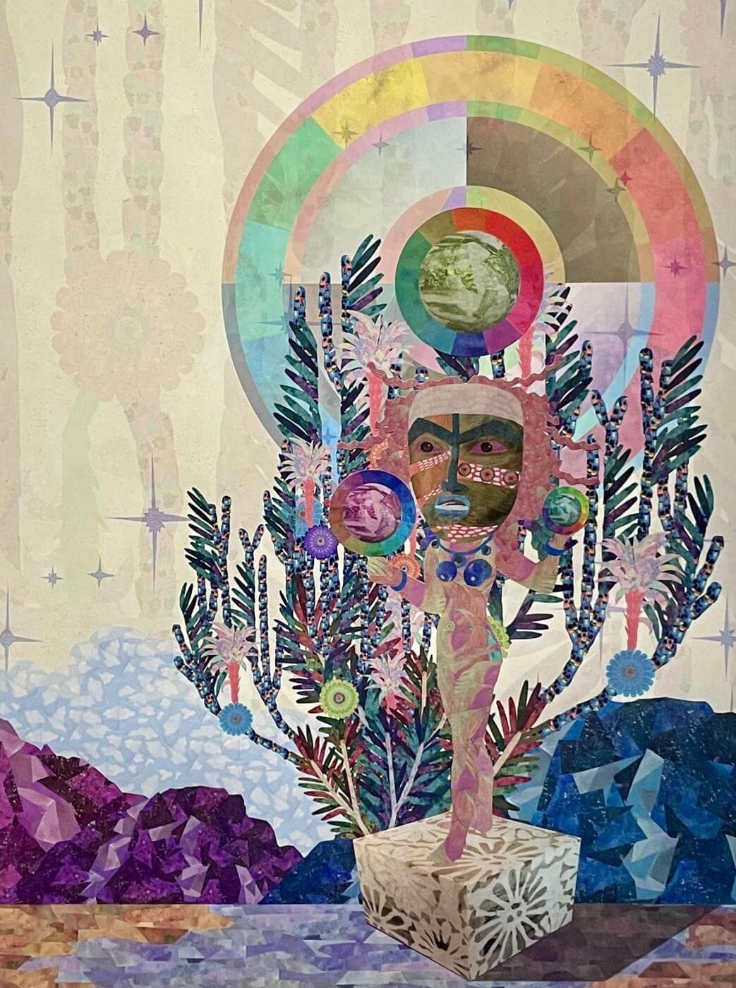 Colorful and abstract depiction of a figure emerging from plants and clouds.