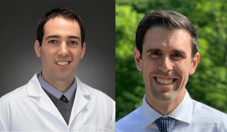 Two headshots of researchers side by side, one smiling posed against a grey background and the other  of the researcher outdoors, posed in front of green foliage