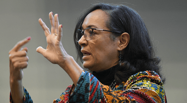 a woman gesturing