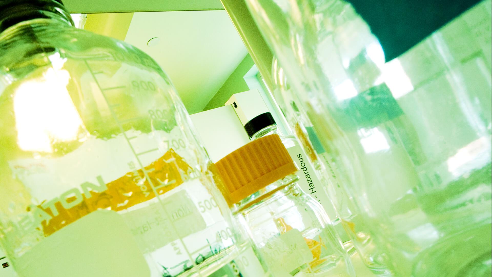 bottles on a lab table