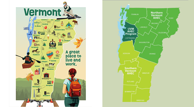 2 maps of Vermont showing where AHEC centers are
