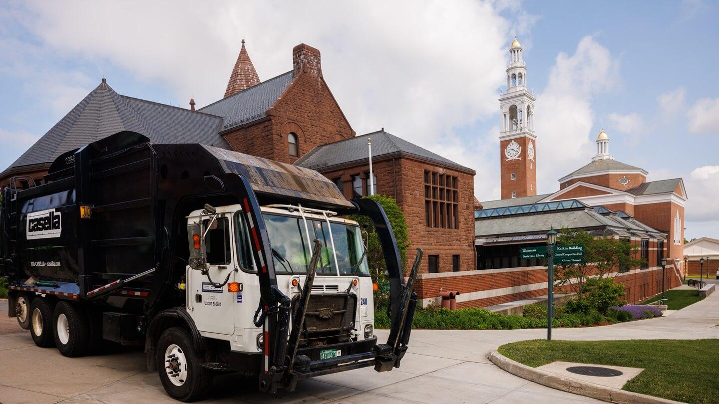 A Casella truck on UVM's campus parked near Billings Lecture Hall