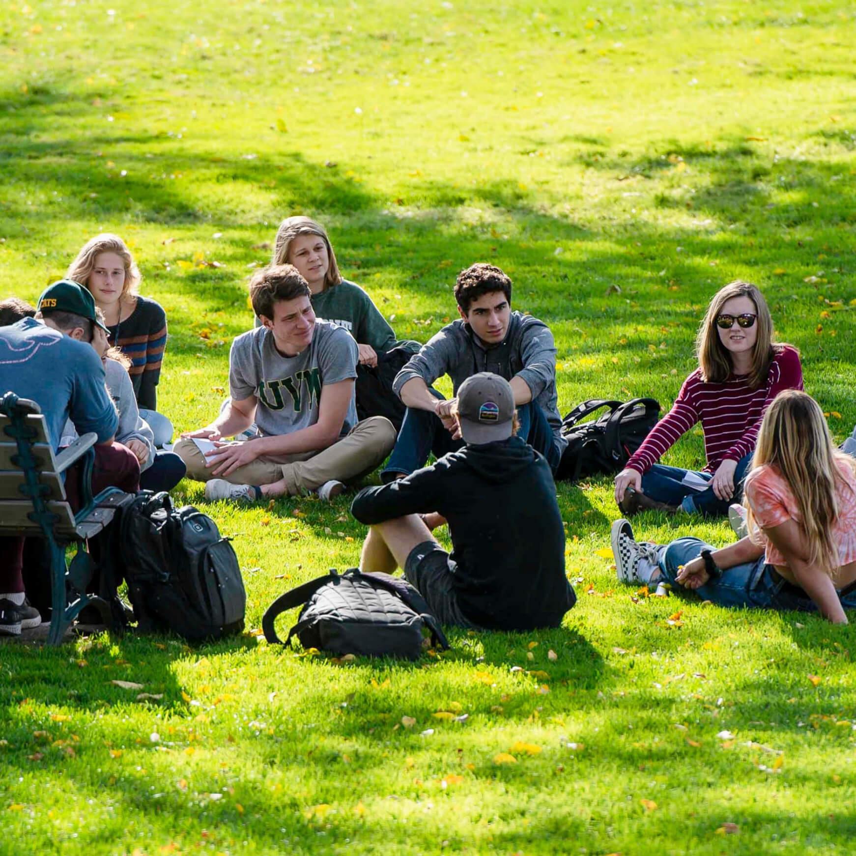 Group of students sitting in a grass outdoor