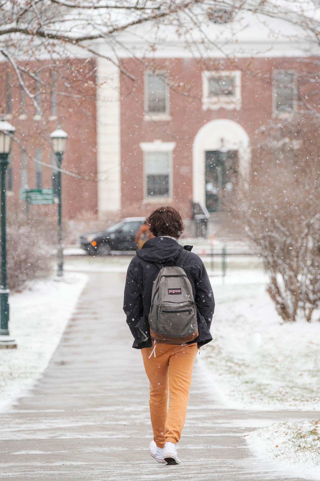 A person walking on a snowy day