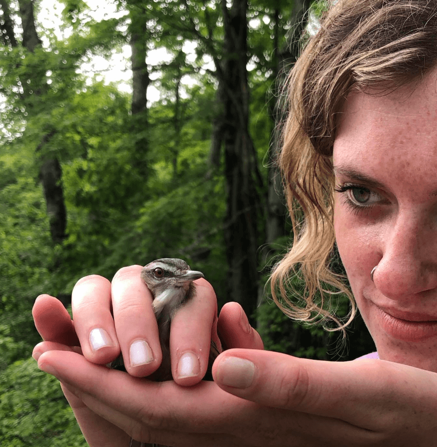 A person holding a bird
