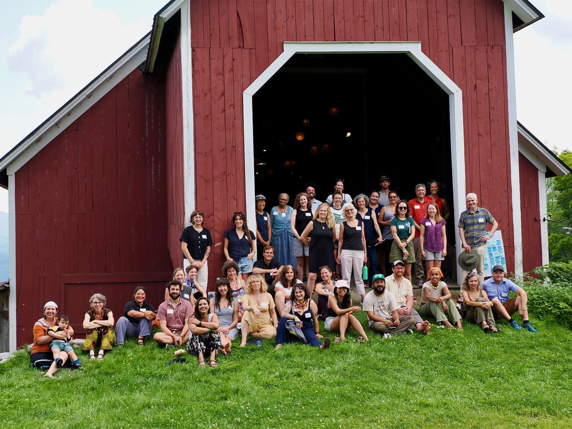 knoll farm workshop group photo in front of barn