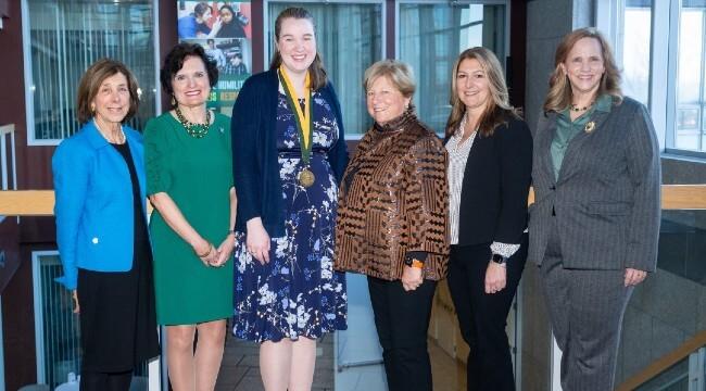 Carole Nagelsmith Greenberg (left), with UVM Interim President Patricia Prelock, Dr. Laura Lewis, Nursing Department Chair Rosemary Dale, CNHS Associate Dean for Faculty Affairs and Research Paula Deming, and Monica Delisa, President and CEO of the UVM Foundation.