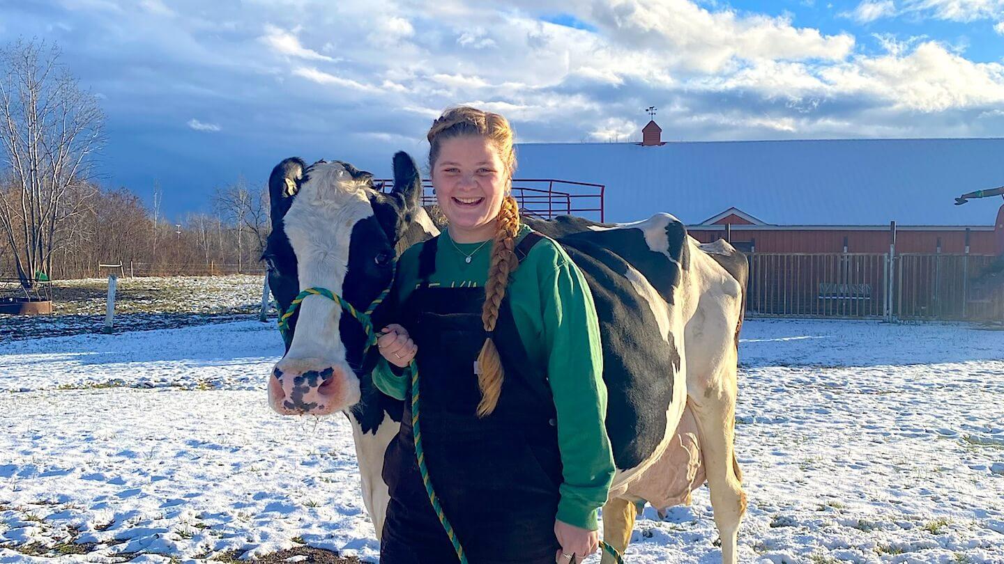 Annie Boudreau with a cow in the pasture at the UVM Dairy Barn.