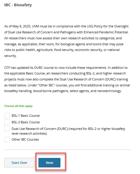 A screenshot detailing IBC CITI Course Offerings