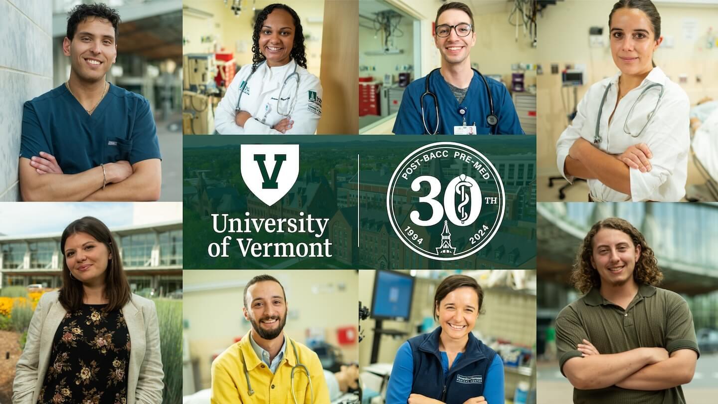collage of images of Post-Bacc Pre-Med students with UVM logo and PBPM 30th anniversary logo in center