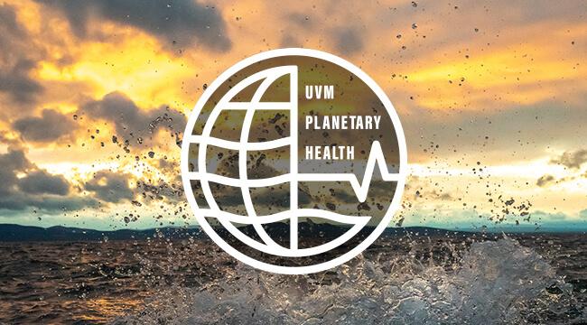 Waves splash on lake with overlay of planetary health icon