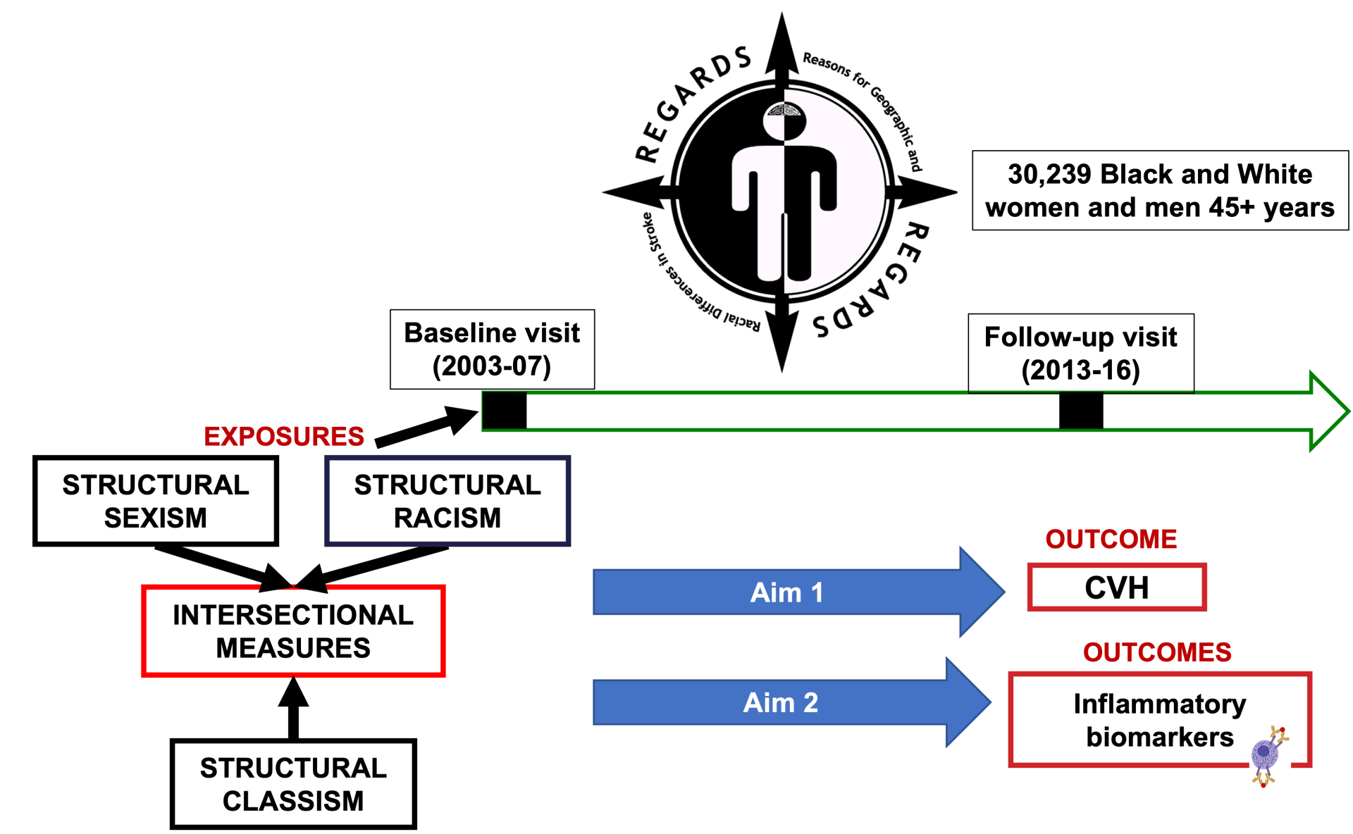 Diagram showing how structural oppressions may influence inflammation that can lead to poor cardiovascular health