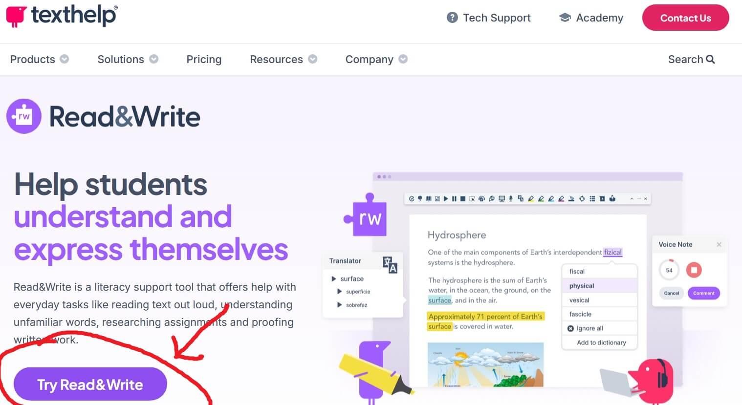 read & write homepage, Try Now button circled