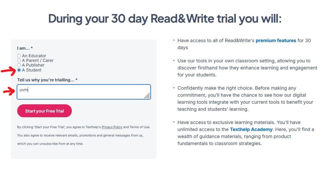 Read and write trial webpage, radio button A Student selected, "uvm" in text box