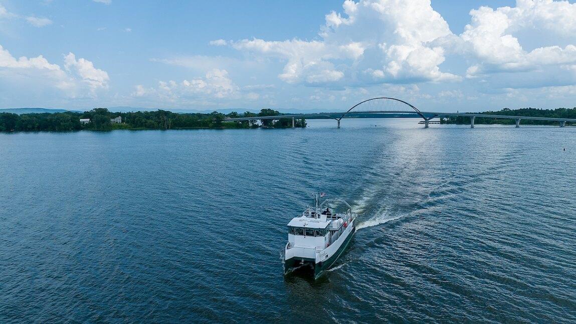 The R/V Marcelle Melosira making it's way toward Burlington, VT after passing under the Champlain Bridge on Lake Champlain.
