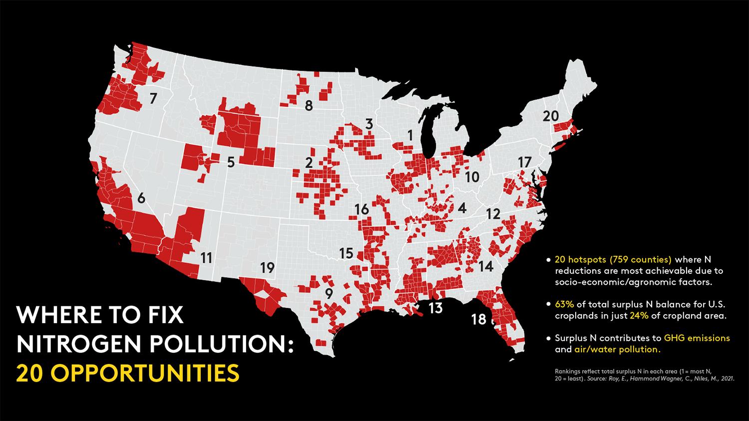 Map showing 20 key areas where nitrogen reduction efforts should be targeted. 