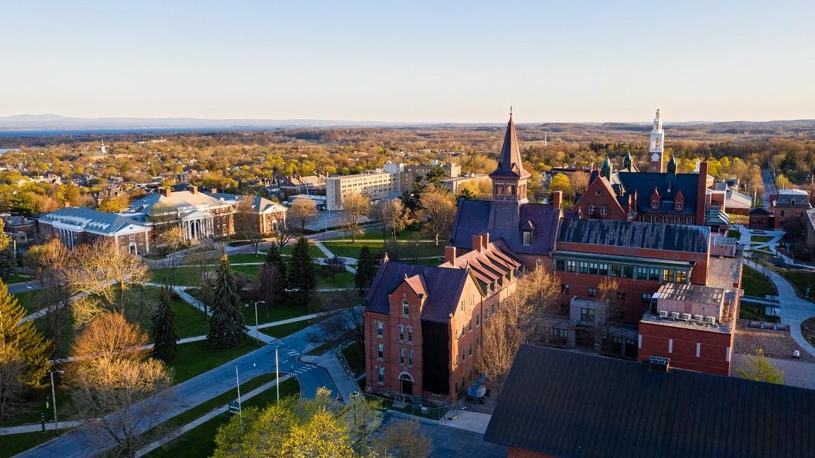 An overview of a college campus from above. Photo credit: Vermont Spatial Analysis Lab