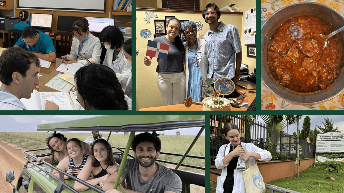 a collage of 5 images: people sitting around a table looking a documents; 3 people standing together near a decorated cake; a pan of Caribbean food; a woman standing in front of a building; people riding in an open van