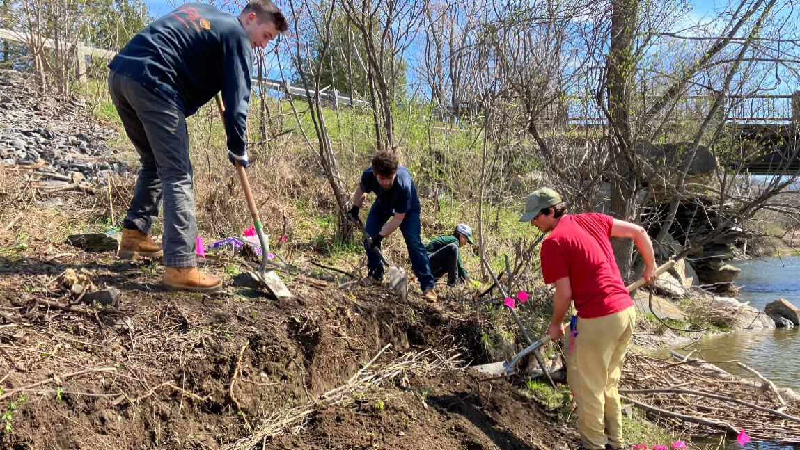 Students planting seedlings along riverbank.