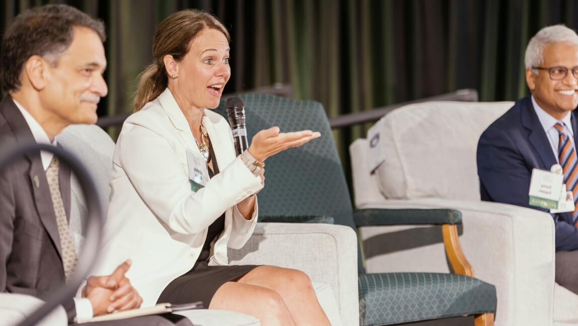 Person speaking at a meeting