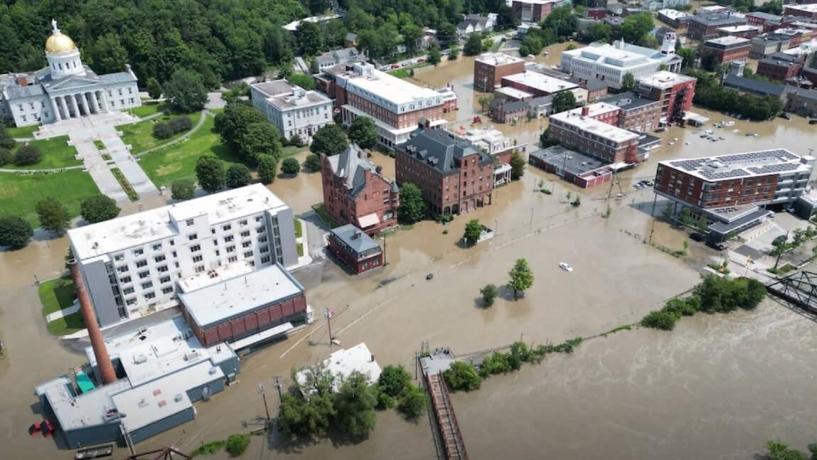 Aerial shot of 2023 flooding in Montpelier.