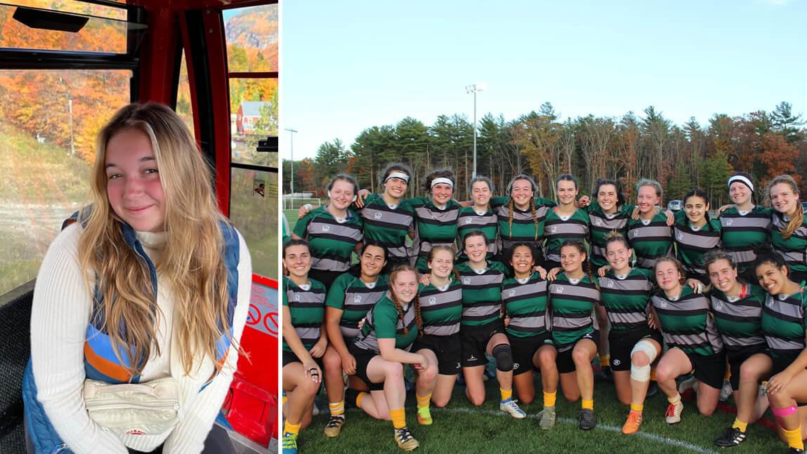 Two images side by side, left: Eleanor Jaffee sitting in a gondola smiling, right: the UVM Women's Rugby Club team in 2023