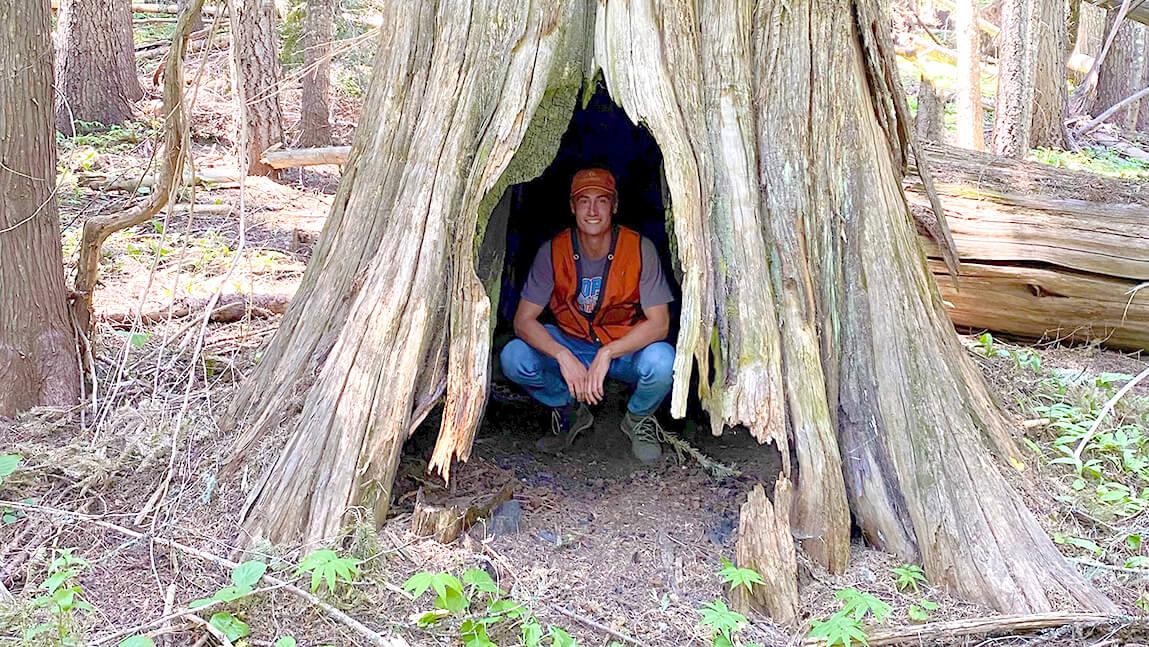 Student intern in orange vest sits inside hollowed out western red cedar tree in Idaho forest.