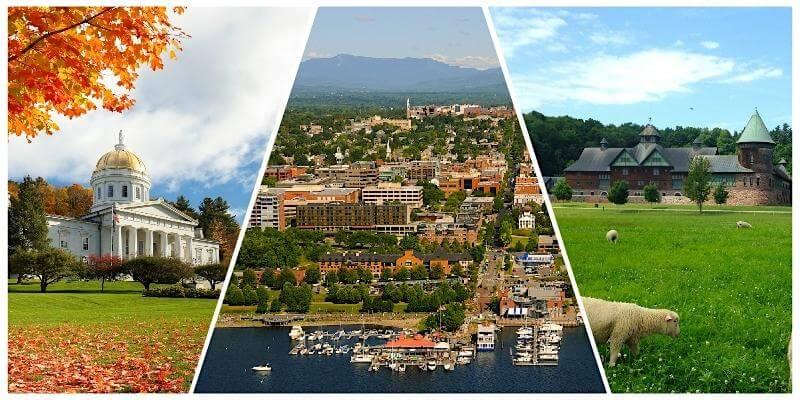 Collage showing Vermont Statehouse, Lake Champlain, Burlington, Mount Mansfield, and Shelburne Farms