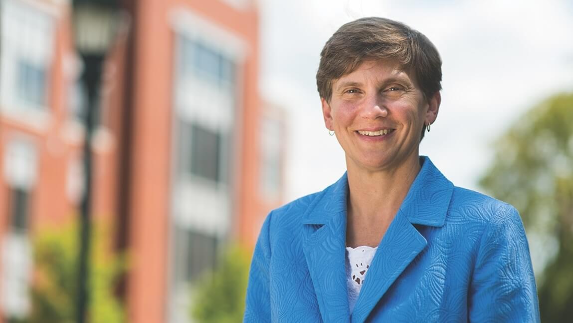 portrait of Linda Schadler standing outside Discovery Hall
