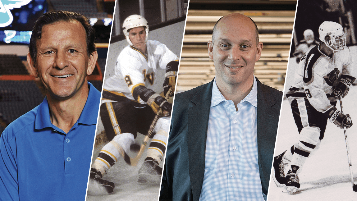 photo montage of Chris Zimmerman and Jeff Schulman today and as UVM hockey players in the 1980s